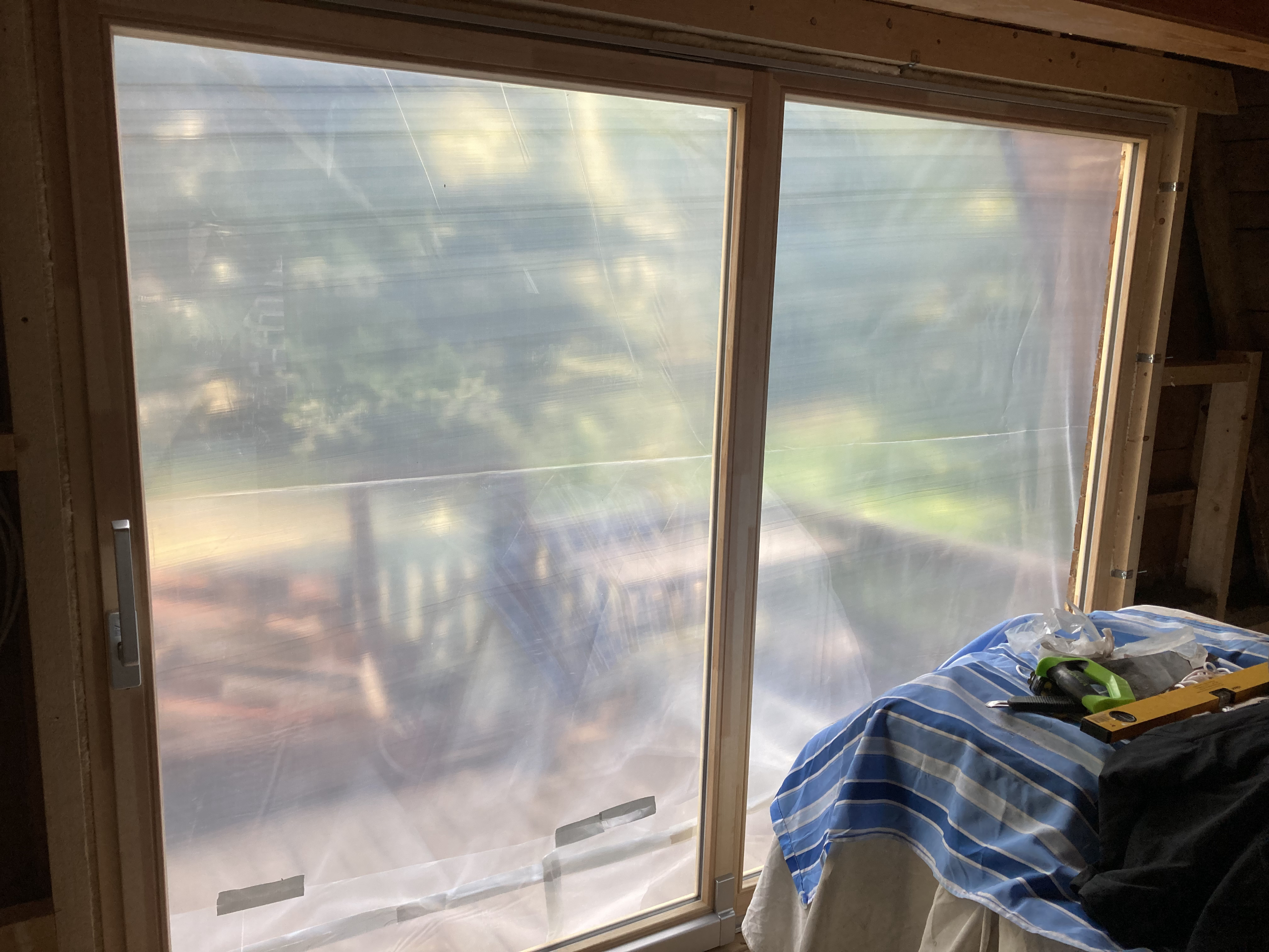 internal view of new patio door with emergency ‘weatherproofing’